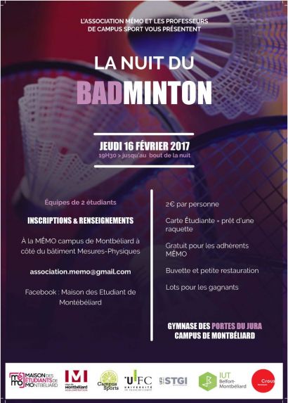 Nuit du badminton, à Montbéliard avec La MéMO le 16 février 2017