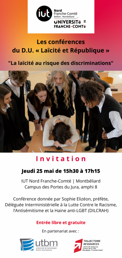 La laïcité au risque des discriminations, conférence avec Sophie Elizeon le 25 mai à l'IUT NOrd Franche-Comté (campus de Montbéliard)