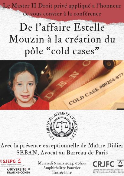 conférence sur l'affaire Estelle Mouzin, le 6 mars à 19h, ufr sjepg, amphi fourier, 45d avenue de l'observatoire, besançon