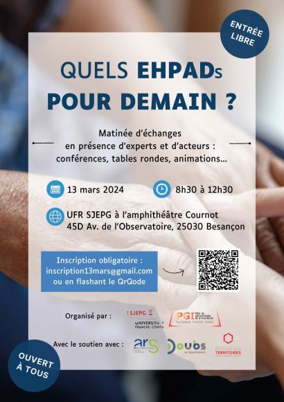 Affiche matinée Quels EHPADs pour demain ? 13 mars, 8h30 12h30, Amphithéâtre Cournot, bâtiment Fourier, ufr sjepg, 45D Avenue de l'observatoire, Besançon 