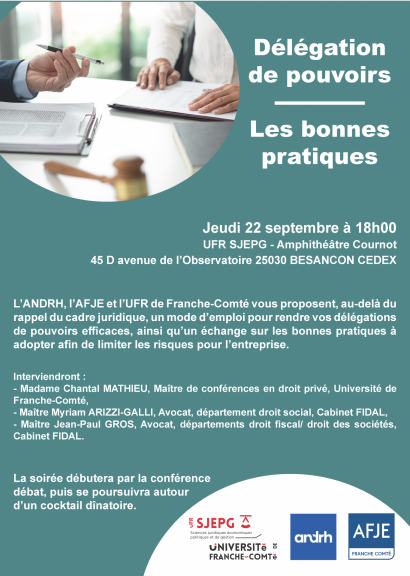 Conférence débat Délégation de pouvoirs - les bonnes pratiques 22/09/22 18h amphi Cournot de l'ufr sjepg