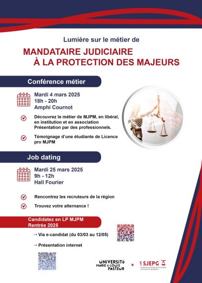 Conférence métier 4 mars et Job dating 25 mars Mandataire Judiciaire à la protection des majeurs