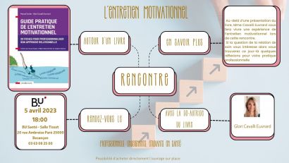 Guide pratique de l'entretien motivationnel, rencontre avec la co-autrice du livre, professionnels, enseignants, étudiants en Santé rendez-vous le 05 avril 2023 à 18h en BU Santé salle Tissot