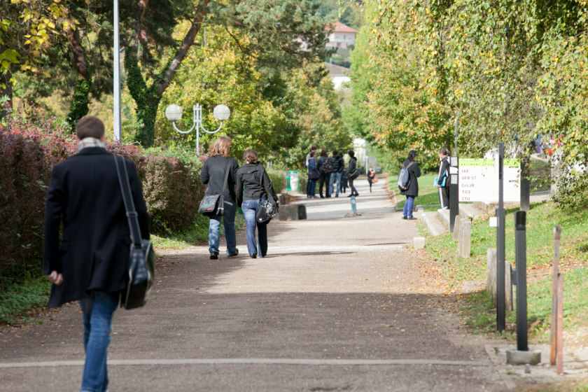 Des étudiants qui marchent sur un campus arboré