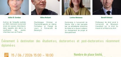 Bonjour à tous,   Nous vous convions à l’événement sur la thématique de "Harcèlement et agression des jeunes chercheur.se.s : reconnaître les signes, combattre les violences" pendant lequel des professionnels se réuniront pour discuter autours d'une table