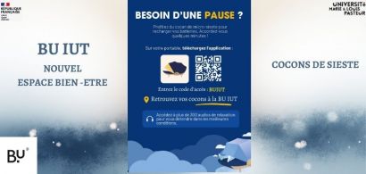 téléchargez l'application Nap&up, code d'accès BUIUT, pour réserver un cocon de sieste à la BU IUT Besançon 