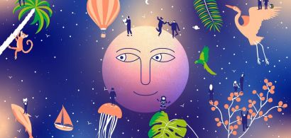 lune souriante, plantes, animaux et personnes