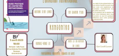 Guide pratique de l'entretien motivationnel, rencontre avec la co-autrice du livre, professionnels, enseignants, étudiants en Santé rendez-vous le 05 avril 2023 à 18h en BU Santé salle Tissot