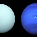 photomontage montrant Uranus et Neptune photographiées lors de la mission de Voyager 2